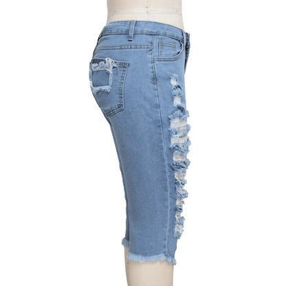 2 PCS Ripped High Waist Stretchy Knee Length Denim - IVORYNN
