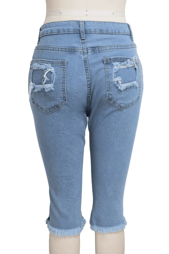 2 PCS Ripped High Waist Stretchy Knee Length Denim - IVORYNN