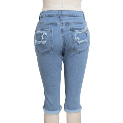 2 PCS Ripped High Waist Stretchy Knee Length Denim - IVORYNN