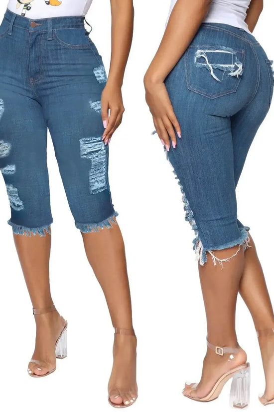 2 PCS Ripped High Waist Stretchy Knee Length Denim - IVORYNN