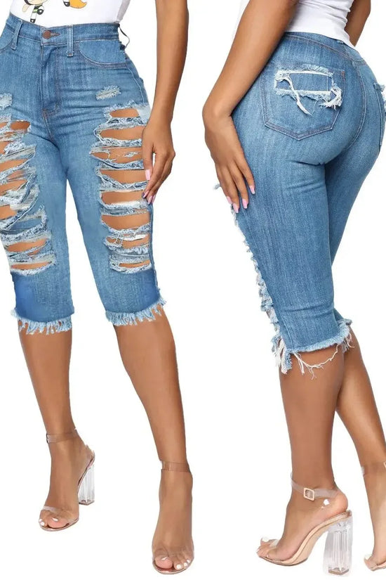 2 PCS Ripped High Waist Stretchy Knee Length Denim - IVORYNN
