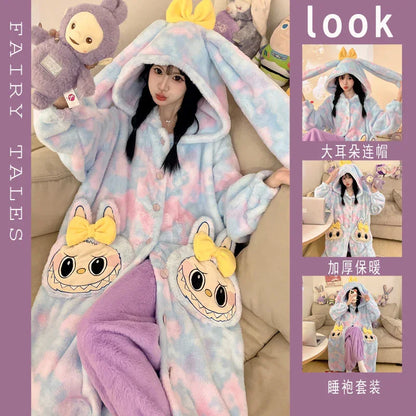 Thickeneded Velvet Flannel Warmth Blue and purple Cute Pajama