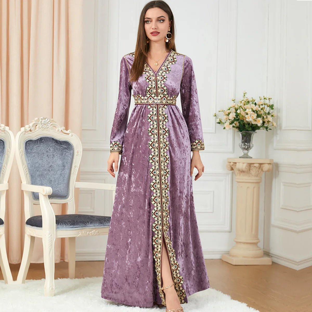 Luxury Pink Velvet Floral Weaving Moroccan Kaftan