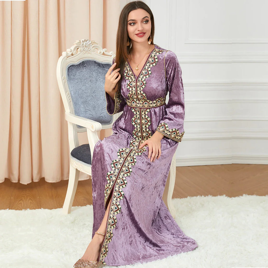 Luxury Pink Velvet Floral Weaving Moroccan Kaftan