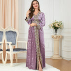 Luxury Pink Velvet Floral Weaving Moroccan Kaftan