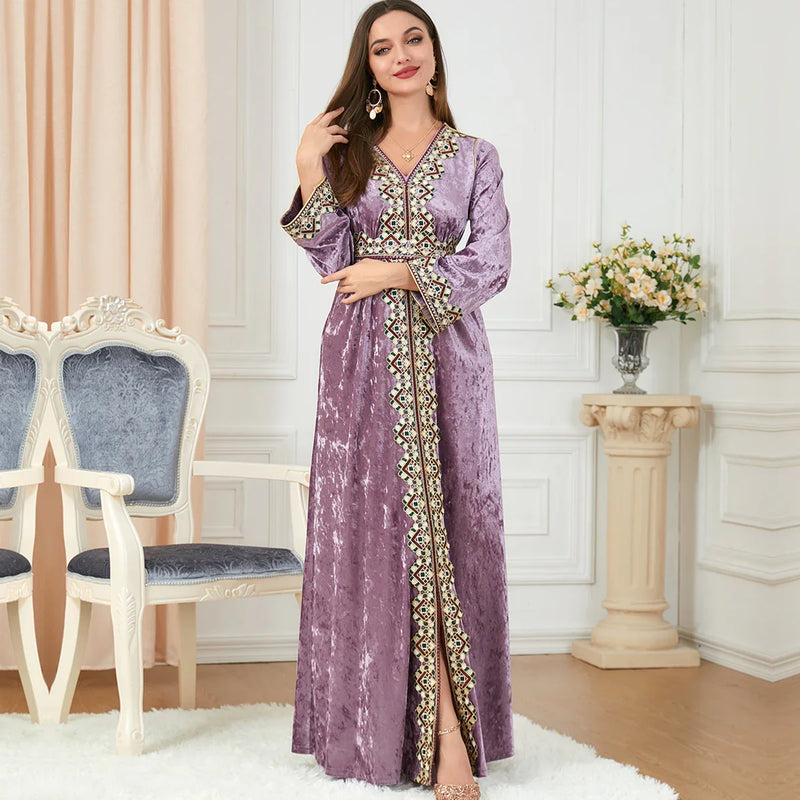 Luxury Pink Velvet Floral Weaving Moroccan Kaftan