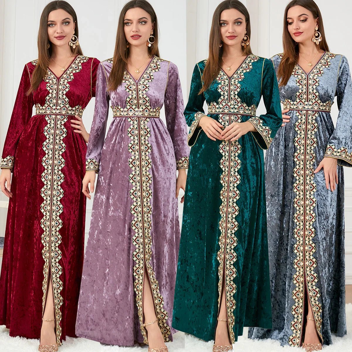 Luxury Pink Velvet Floral Weaving Moroccan Kaftan