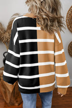 Striped Patchwork Drop Shoulder French Beige Sweater