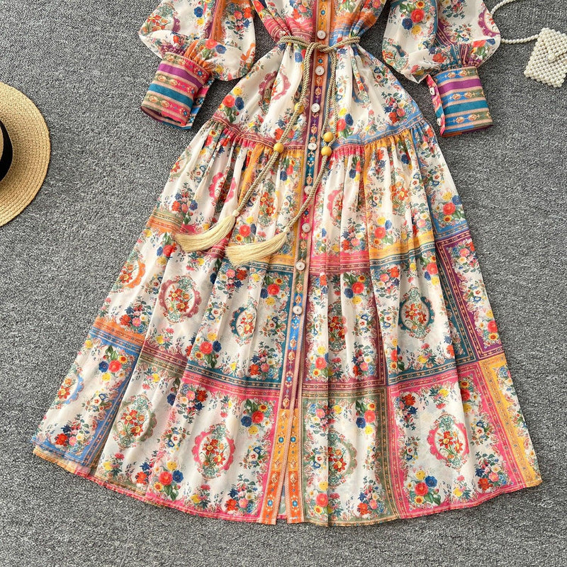Elegant Stand Collar Printed Pleated Vintage Dress