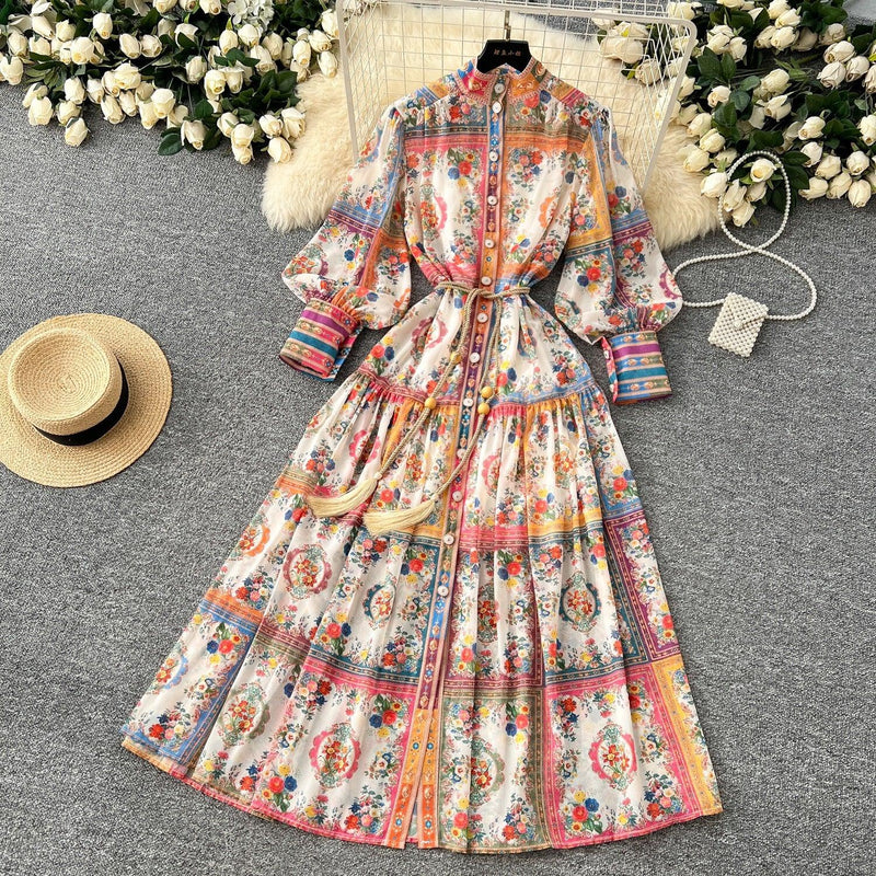 Elegant Stand Collar Printed Pleated Vintage Dress