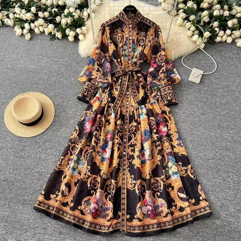 Court Style Lantern Sleeve Strap Waist Luxury Black Dress