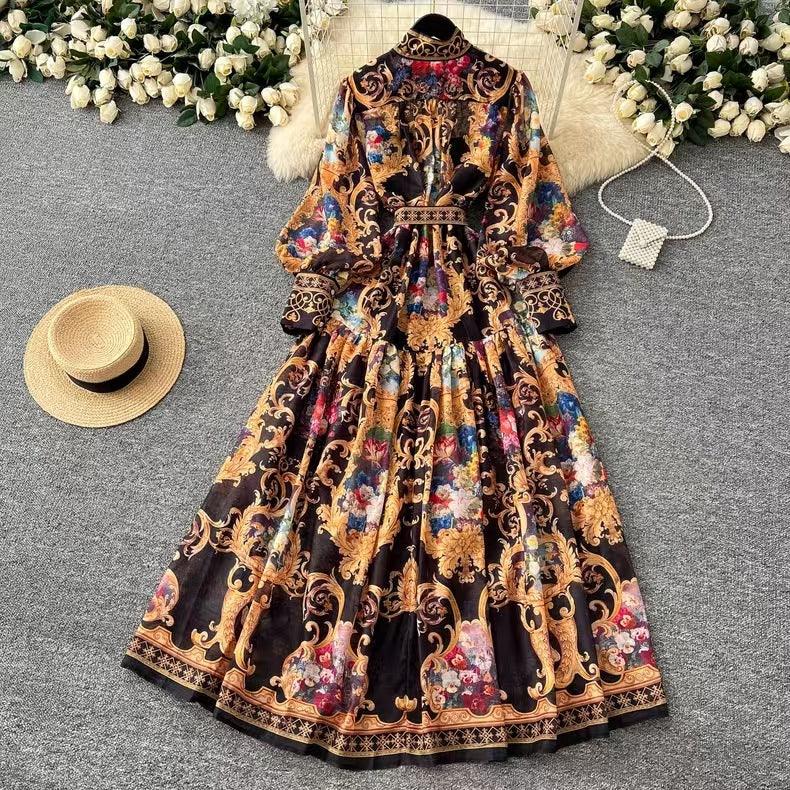 Court Style Lantern Sleeve Strap Waist Luxury Black Dress