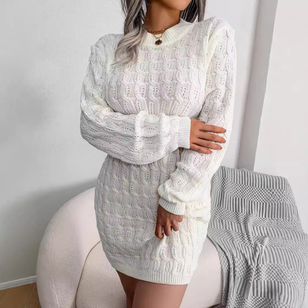 Cable-Knit Openwork White Sweater Dress