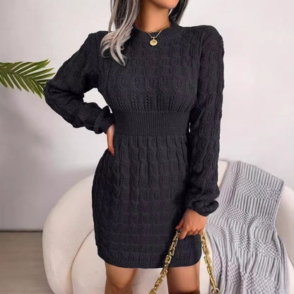 Cable-Knit Openwork Black Sweater Dress