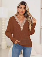Lace Detail V-Neck Long Sleeve Deep Camel Sweater