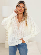Lace Detail V-Neck Long Sleeve Rice White Sweater