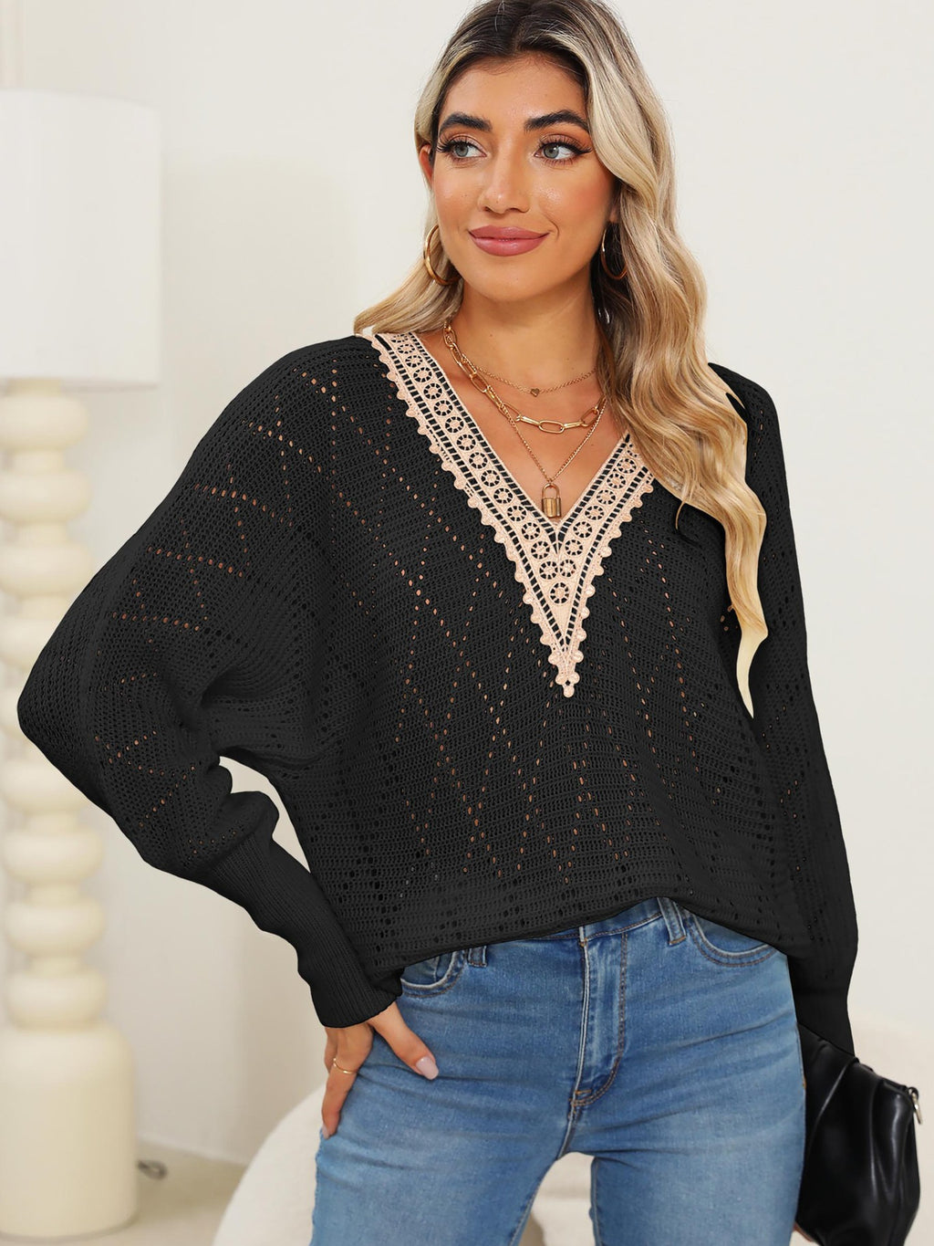 Lace Detail V-Neck Long Sleeve Black Sweater