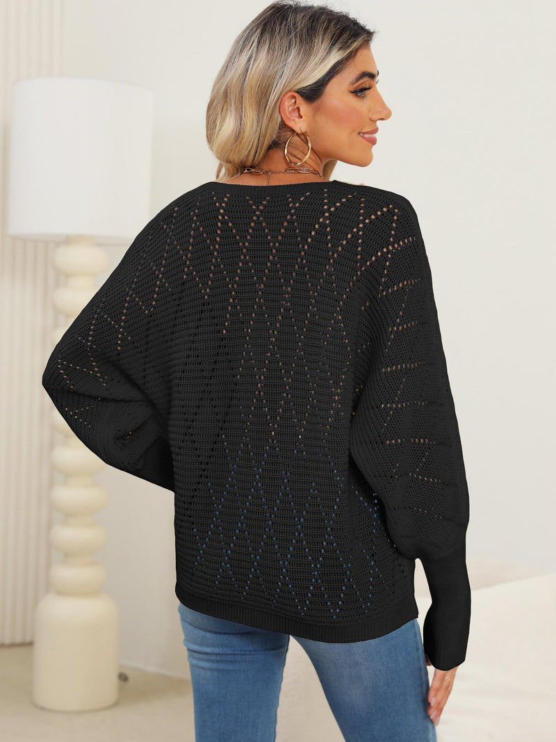 Lace Detail V-Neck Long Sleeve Black Sweater