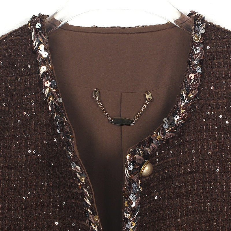 French Socialite Style Coffee Tweed Jacket