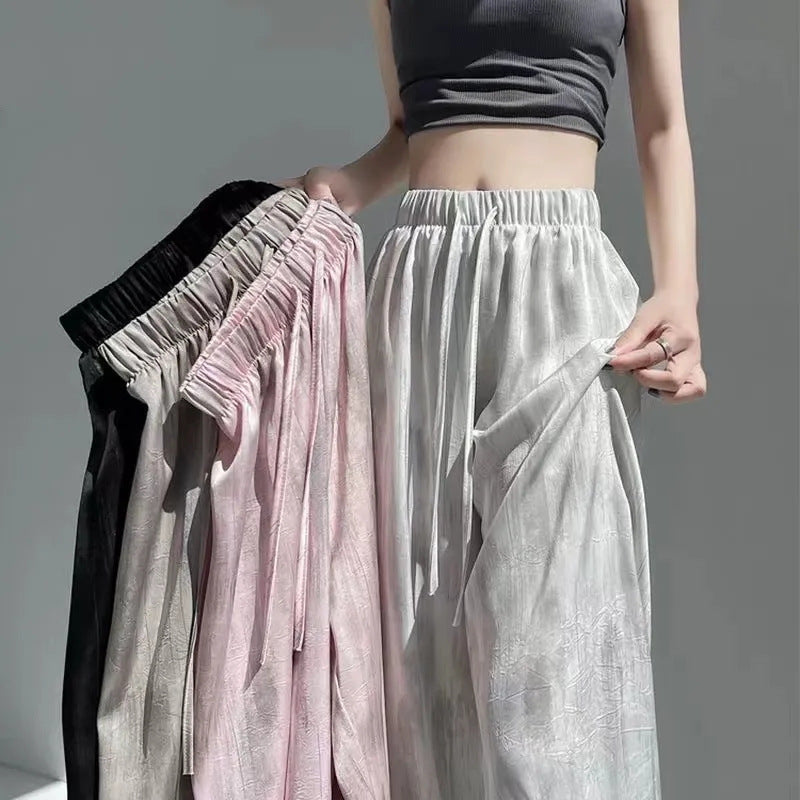 Loose Sstraight Silk Satin Wide Leg Pink Trousers