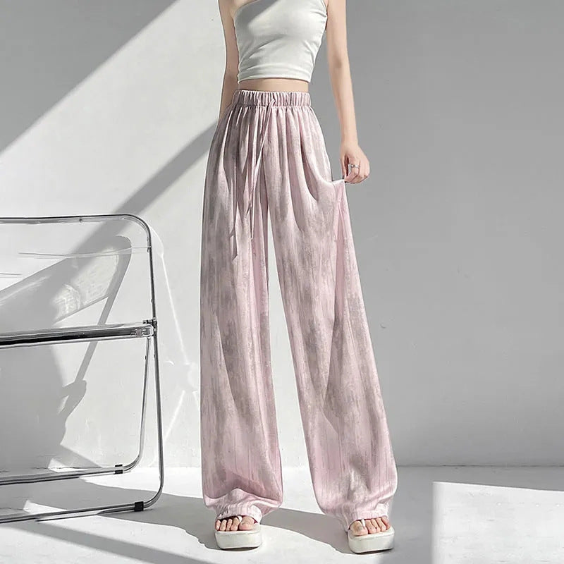 Loose Sstraight Silk Satin Wide Leg Pink Trousers
