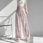 Loose Sstraight Silk Satin Wide Leg Pink Trousers