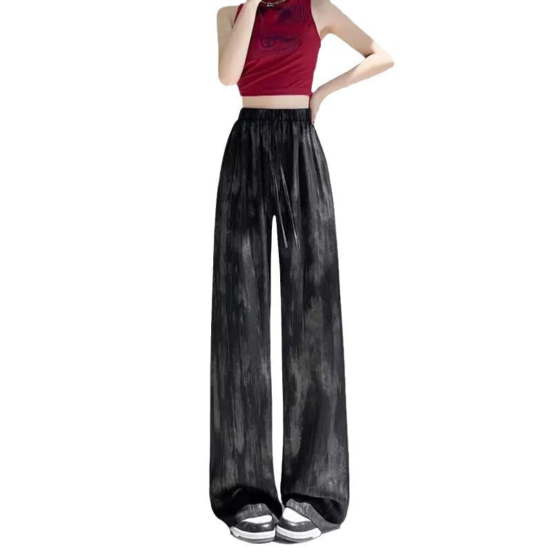 Loose Sstraight Silk Satin Wide Leg Black Trousers