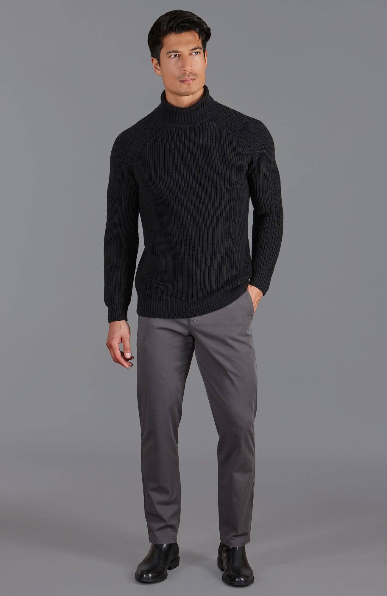 Men's Midweight Cotton Fisherman Rib Knit Roll Neck Jumper Sweater