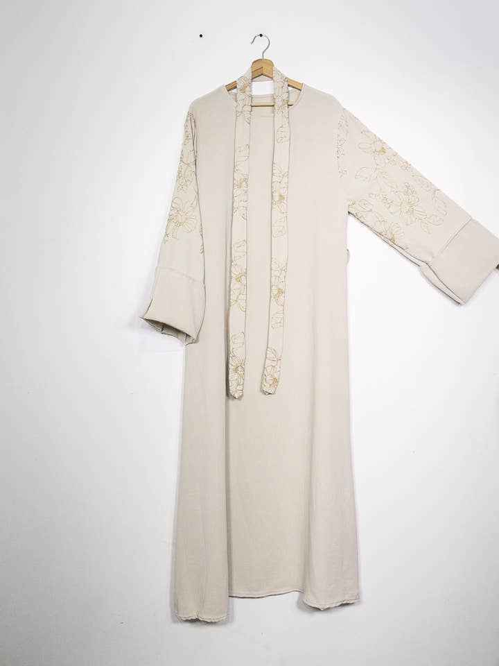 Elegant Floral Embroidered Abaya Dress with Matching Belt and Cream Lining