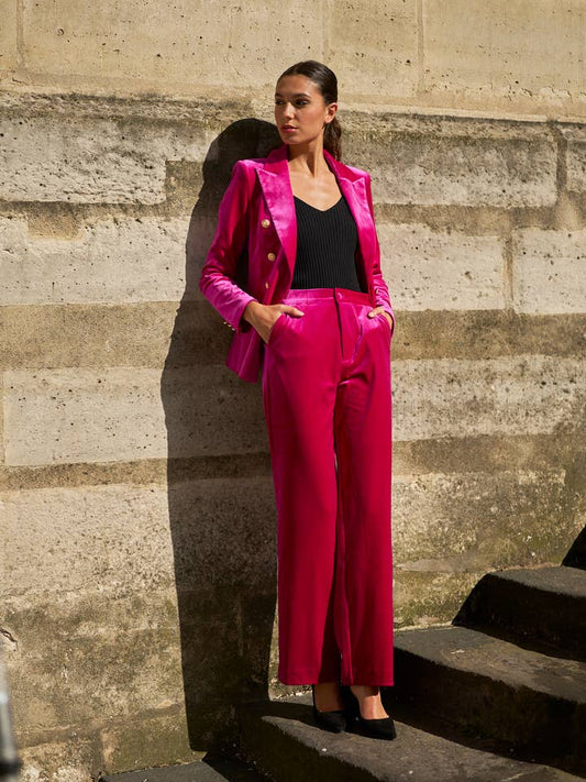 Elegant High Waisted Straight Cut Fuchsia Velvet Trousers