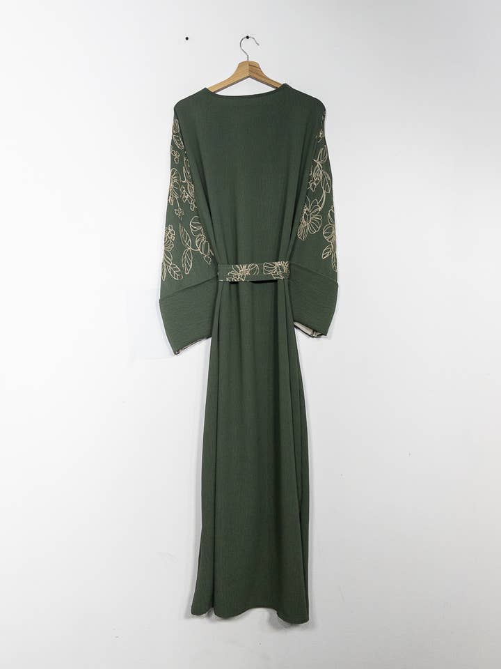 Elegant Floral Embroidered Abaya Dress with Matching Belt and Cream Lining