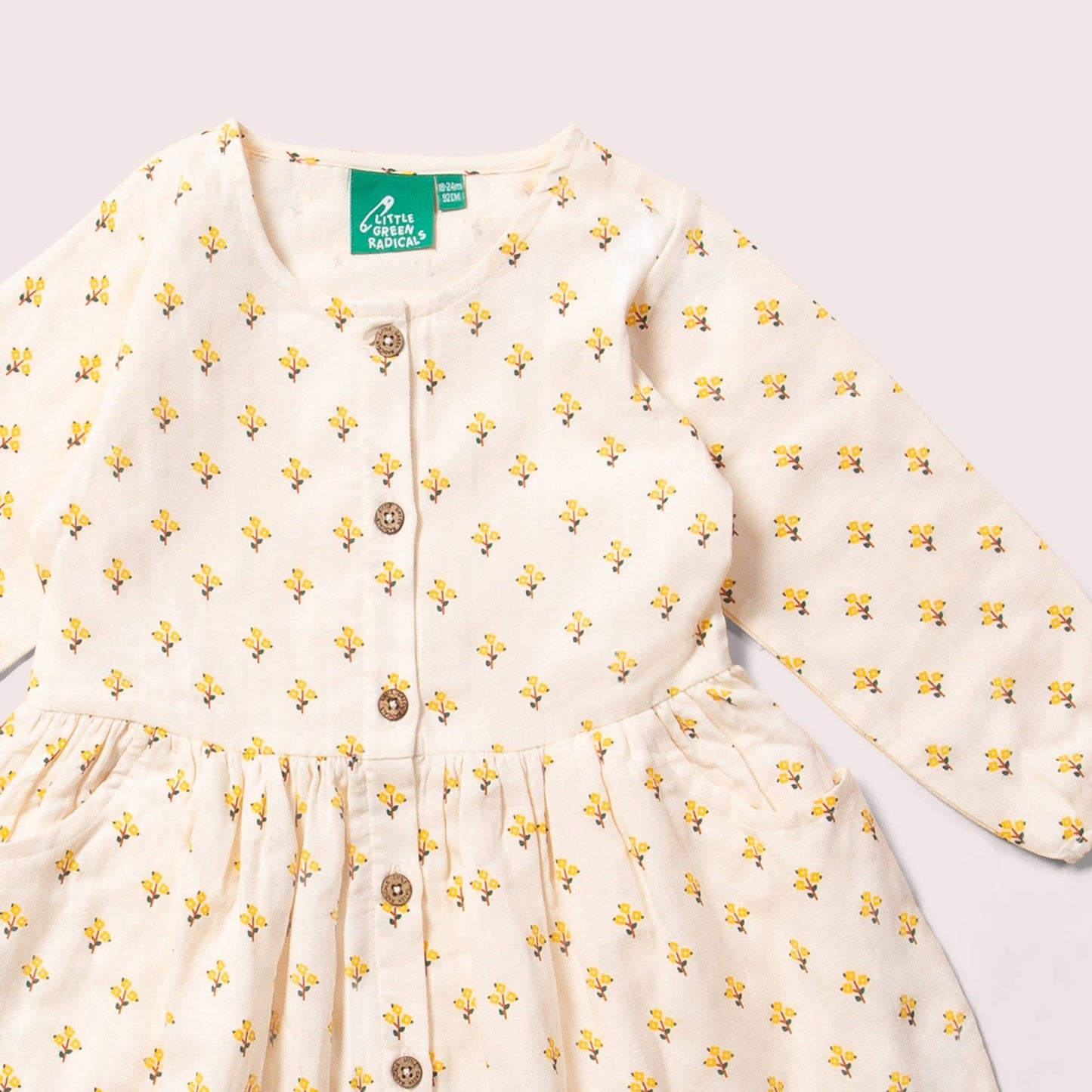 Soft Organic Golden Flowers Floral Print Comfy Pocket Dress for Kids