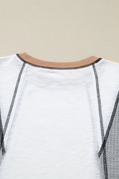 White Contrast Block Knit Patchwork Casual Top