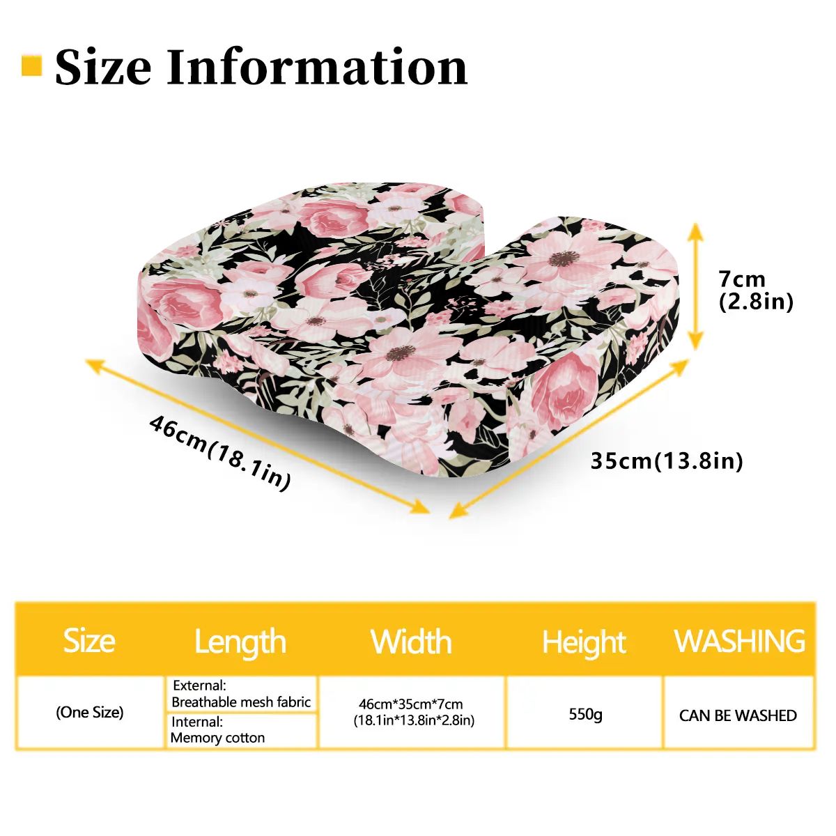 Floral Orthopedic Memory Foam Seat Black Cushion