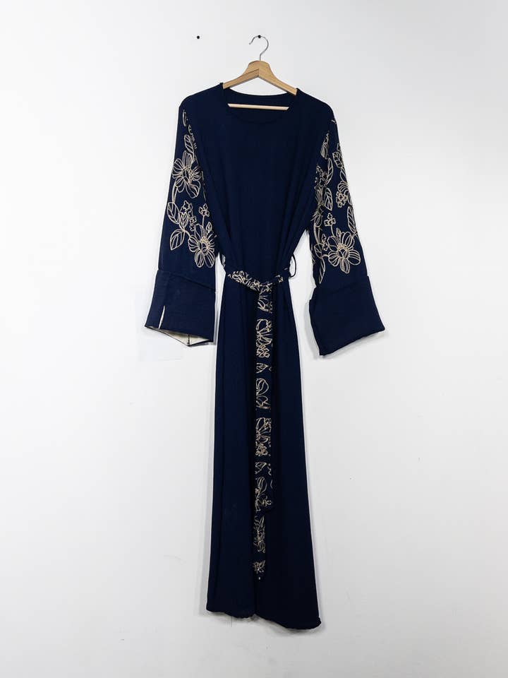 Elegant Floral Embroidered Abaya Dress with Matching Belt and Cream Lining