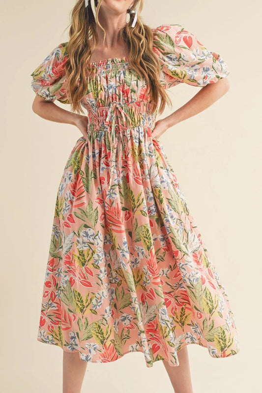 Apricot Pink Floral Knot Smocked Bubble Sleeve Dress