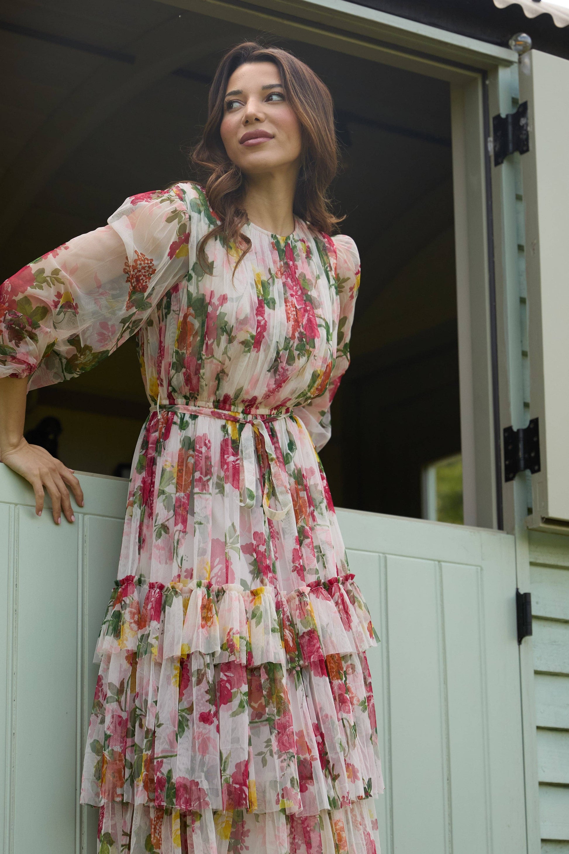 Elegant Cream Floral Midi Dress with Sheer Sleeves and Tie Belt for Women