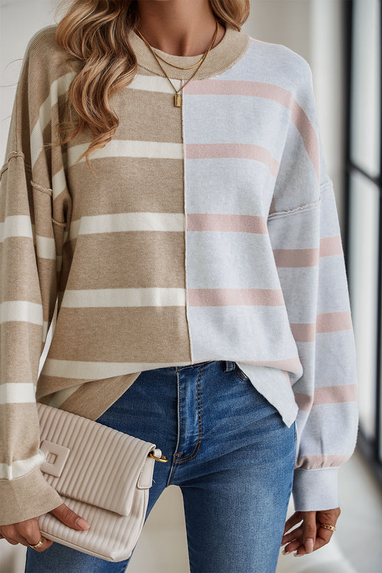 Striped Patchwork Drop Shoulder Khaki Sweater