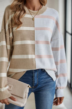 Striped Patchwork Drop Shoulder Khaki Sweater