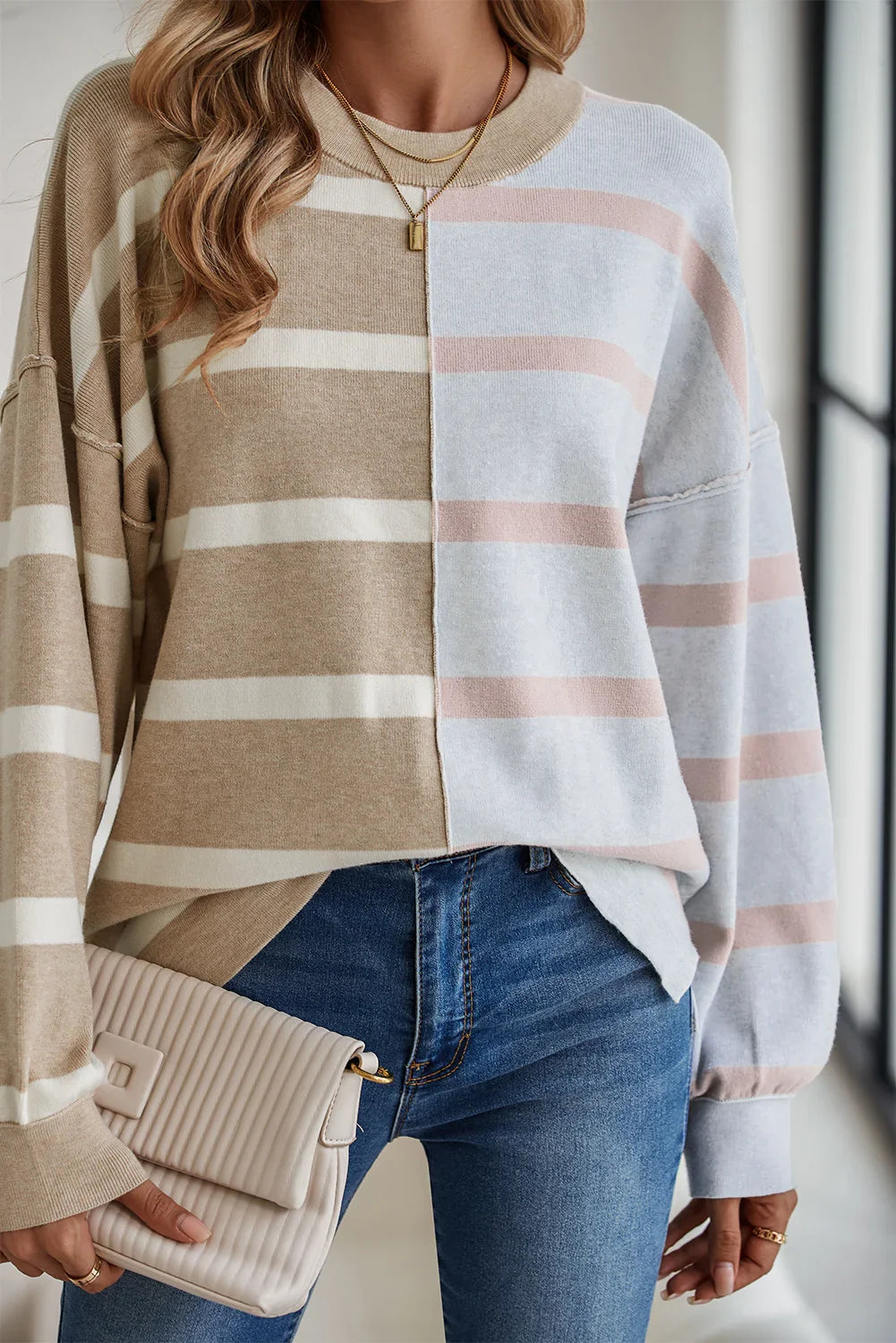 Striped Patchwork Drop Shoulder Khaki Sweater