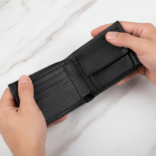 صورة 2 - يدا رجل تُمسك المحفظة بزاوية طبيعية