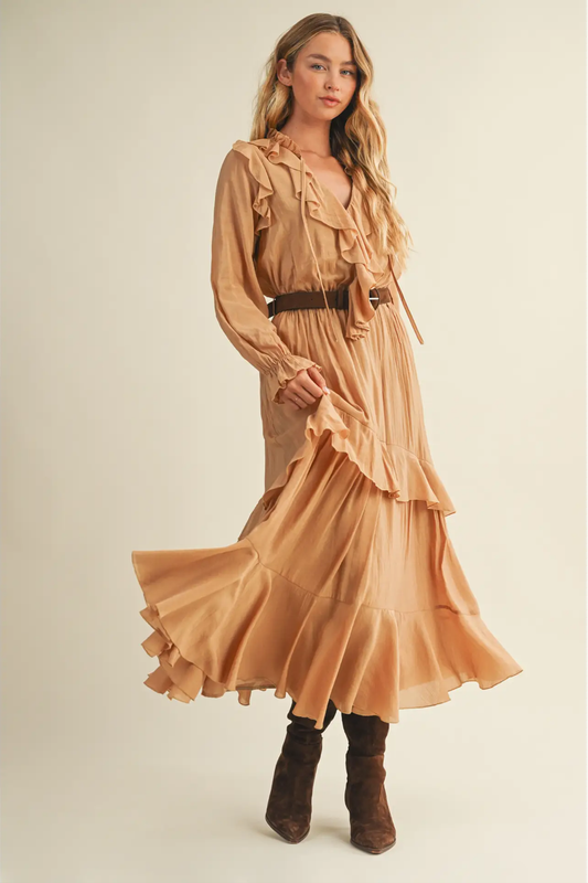 Luxury Belted Ruffled Long Desert Dress
