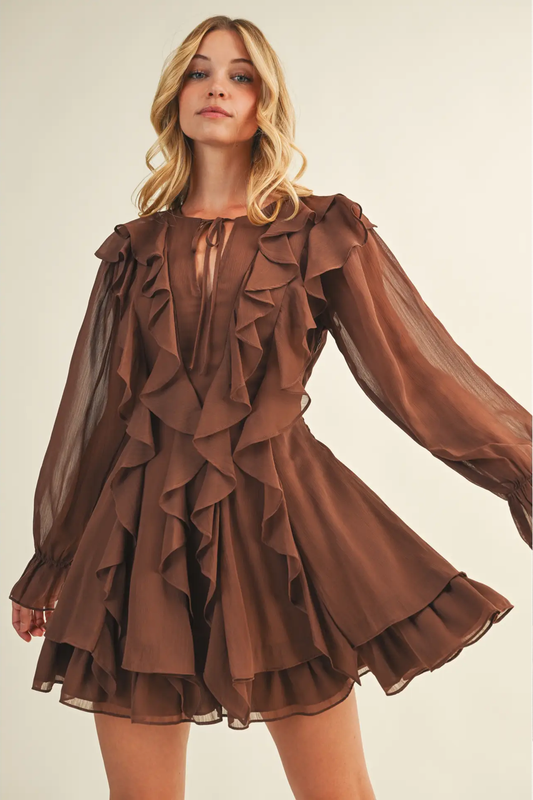 Tie Front Ruffled Brown Short Dress