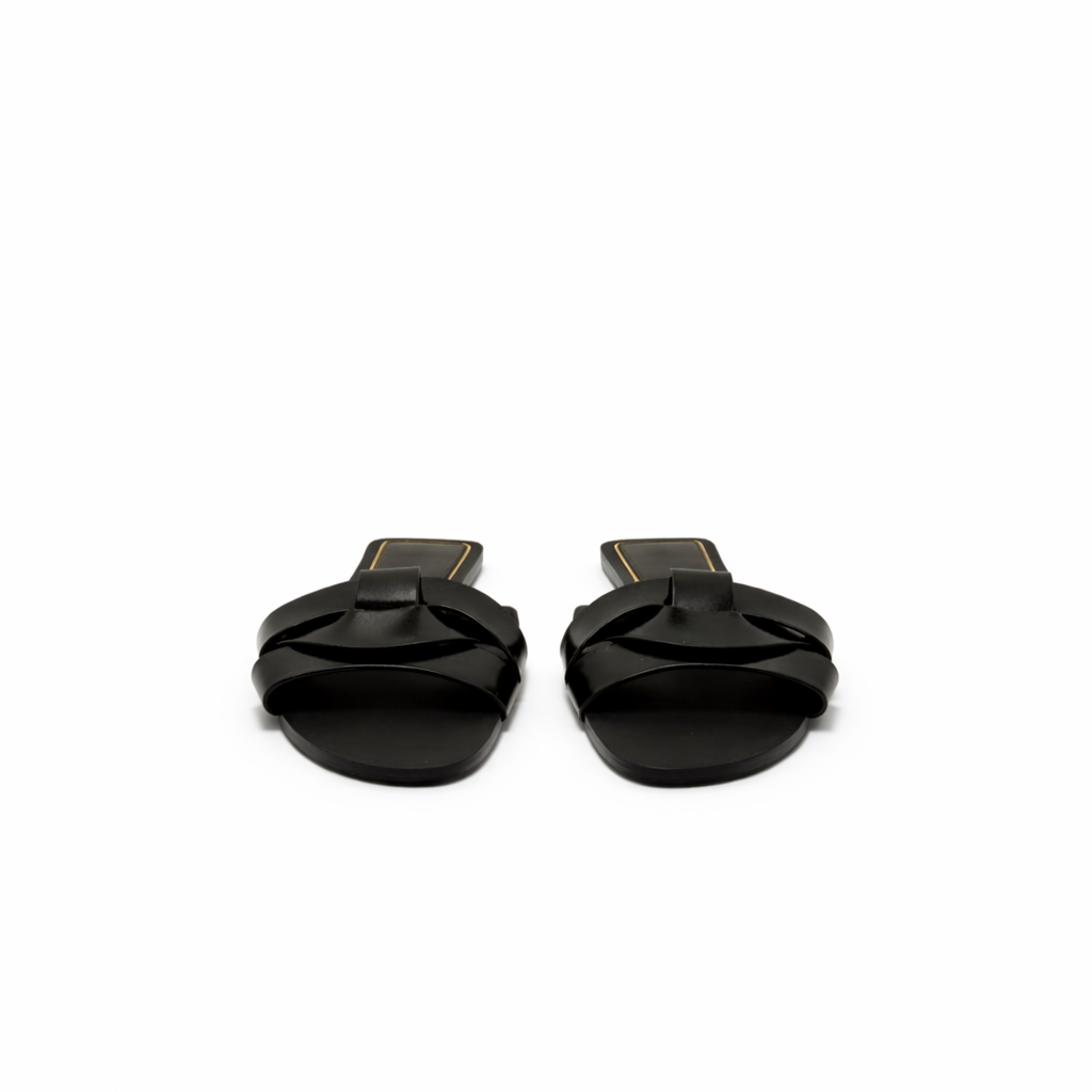 Flats Cow Black Leather Sandals