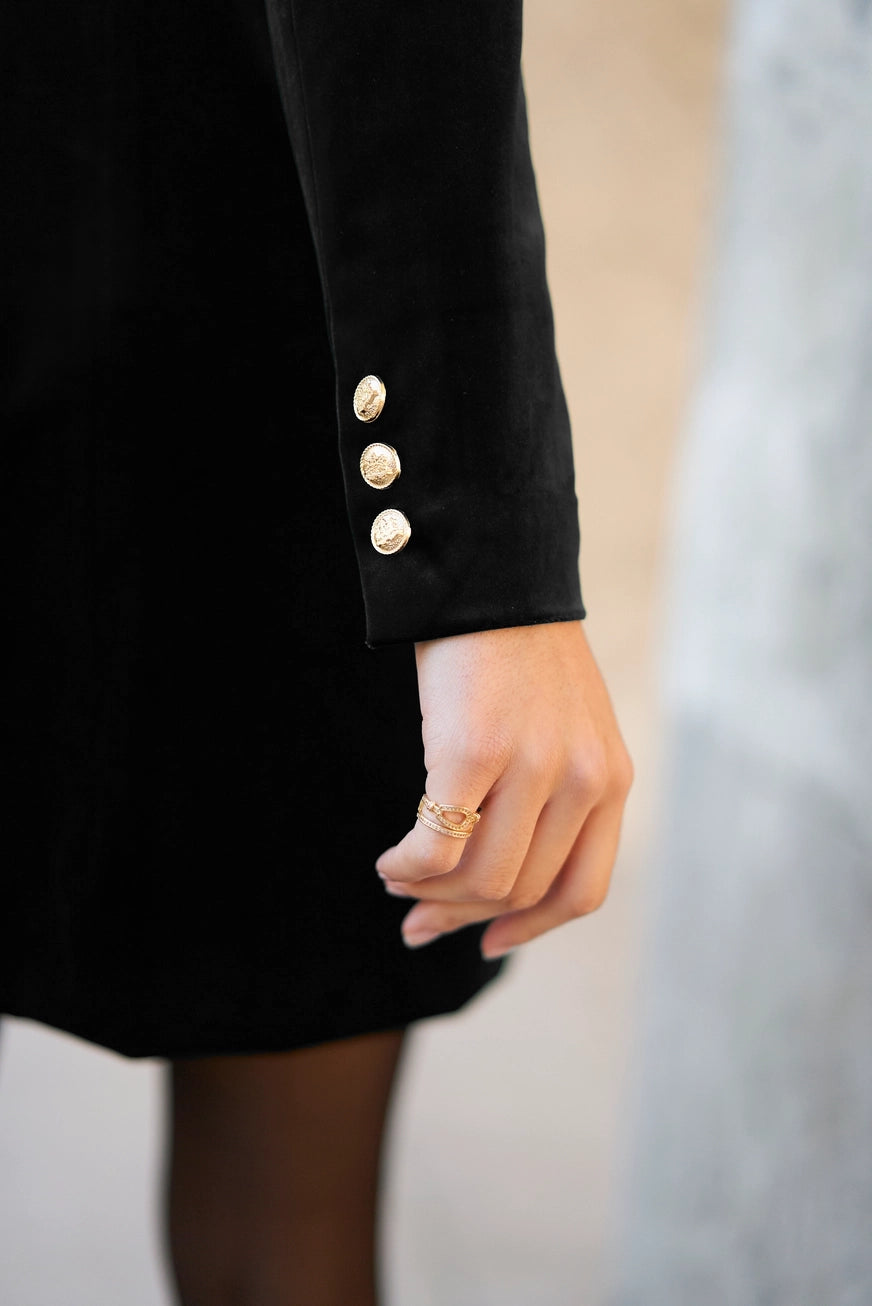 Luxury Velvet Double Breasted Black Dress Jacket Gold Buttons