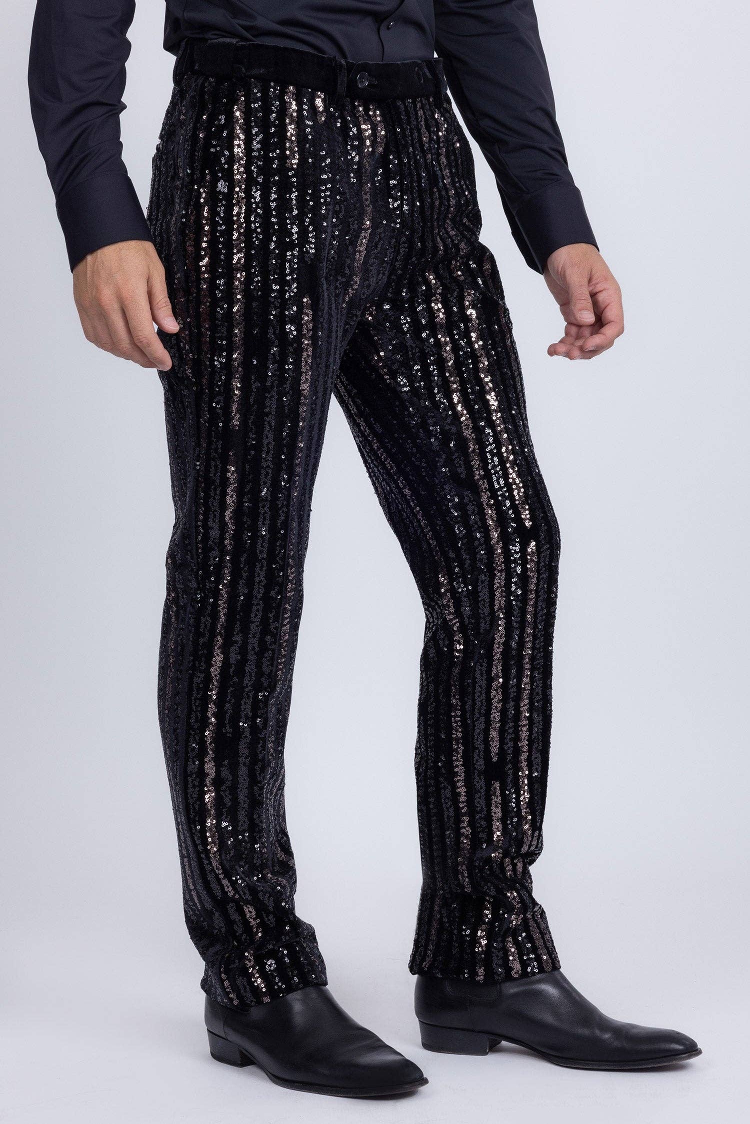 Men's Black Gunmetal Sequin Slim Fit Stretch Pants - Dazzling Party & Stage Wear
