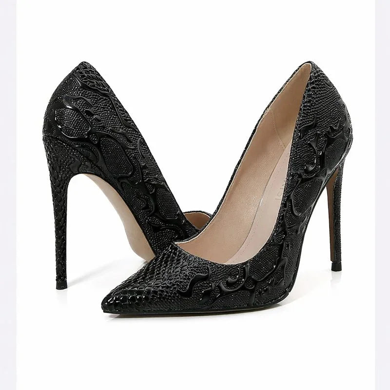 Embossed Snake Ultra High Heels Black Pumps