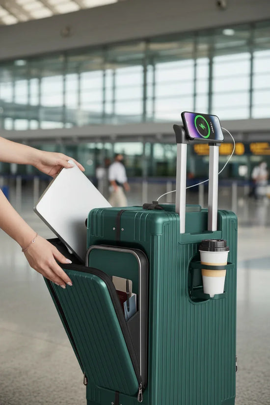 الحقيبة باللون #2f4542 مع امرأة تفتح الجيب