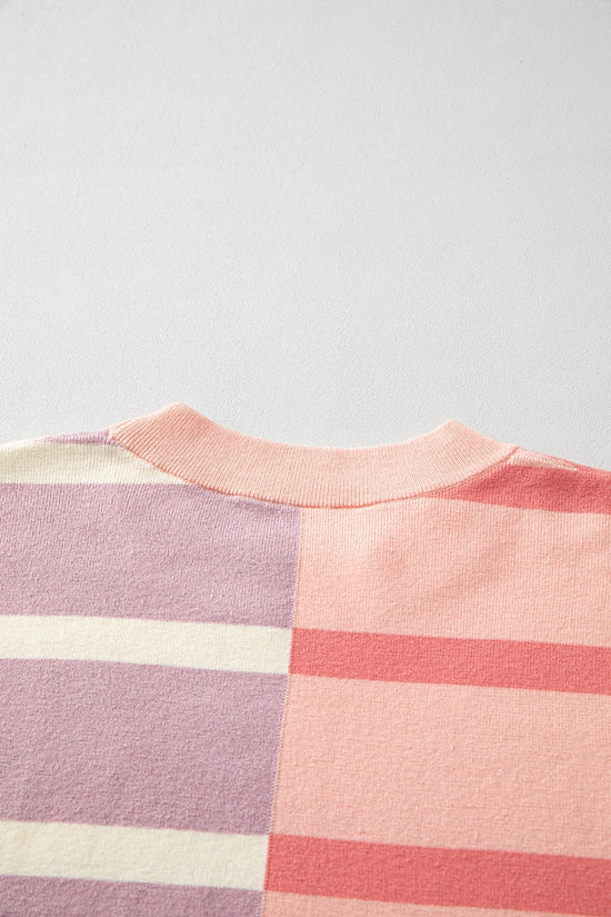 Striped Patchwork Drop Shoulder Pink Sweater
