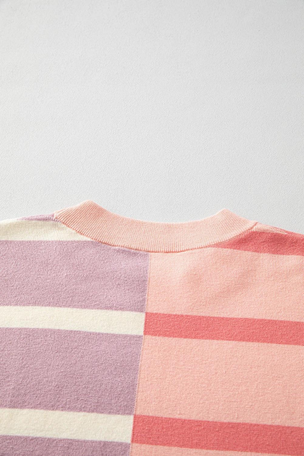 Striped Patchwork Drop Shoulder Pink Sweater